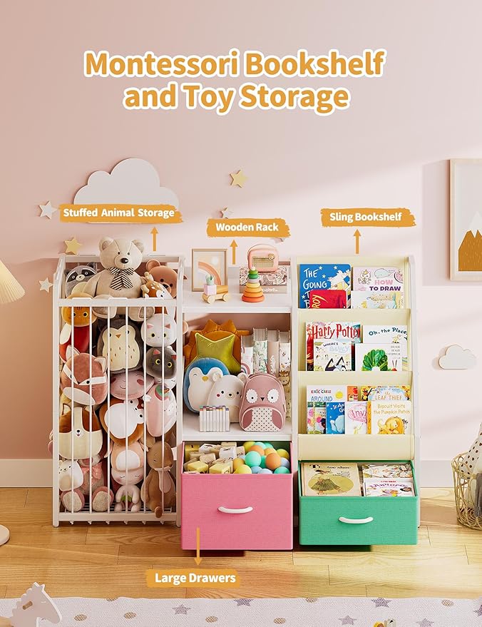 Kids Bookshelf and Toy Storage, Large 3 Tier Book Shelf for Kids Rooms, Sling Baby Bookcase with Stuffed Animal Storage, Toddler Montessori Bookshelf for Nursery, Playroom (Pink+Green)