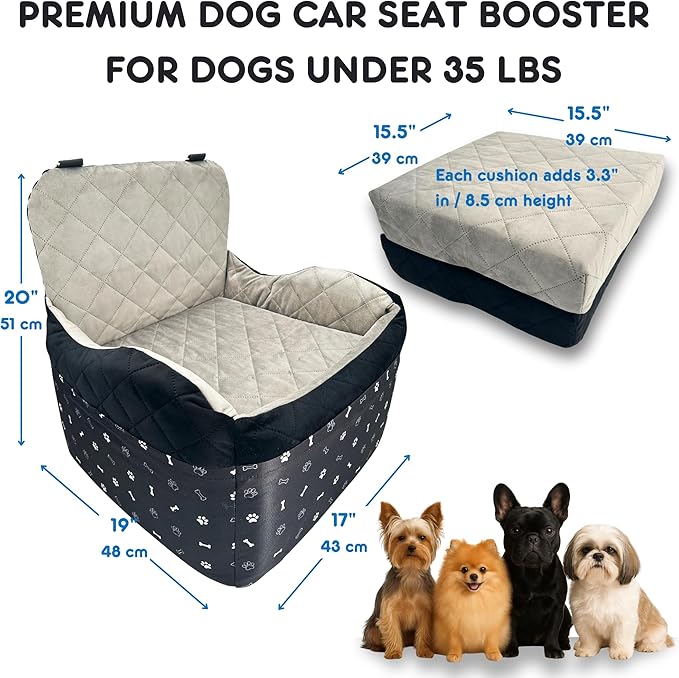 OtterPets Small Dog Car Seat, Memory Foam Dog Booster Car Seats with Thick Cushion for Medium Dogs Under 35lbs, 3 Storage Pockets with Zipper, 2 Safety Belts (Medium Bonus Harness Included)