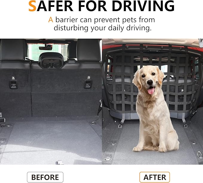 Pet Net Safety Dog Barrier for 2007-2026 Jeep Wrangler JK JL 4 Door Accessories, Behind Rear Seat Pet Dog Covers Trunk Cargo Isolation Liner Net for Jeep Wrangler