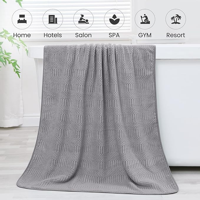 JML Bath Towels Set of 2, 30" x 60", Large Microfier Body Towel for Adult, Oversized, Soft, Super Absorbent, Fast Drying, Use for Sauna, Salon, Gym,Sport, Fitness, Yoga, Diamond Cross Grid Gray