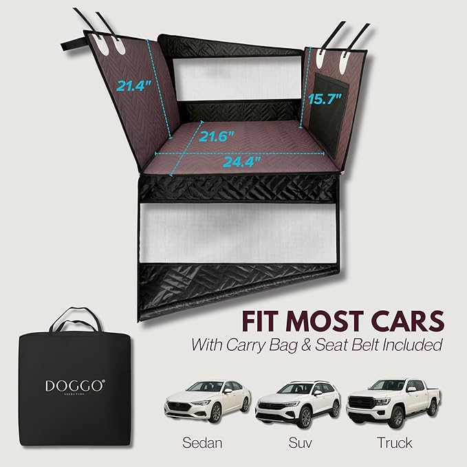 Dog Car Seat Cover with Hard Bottom – Back Seat Extender for Small & Medium Dogs, Waterproof & Non-Slip Hammock, Reinforced & Stable Design with Storage Pockets for Cars, SUVs & Trucks (Brown)