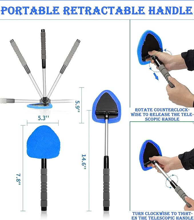 Windshield Cleaner Tool With Reusable Microfiber Pads - Car Window Glass Wiper Kit With Extendable Handle for Cleaning (1, Blue)