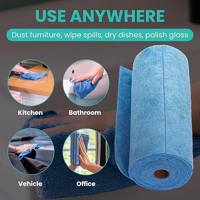 Microfiber Cleaning Cloth Roll Tearaway, 50 PCS Tear Away Towels, Reusable & Washable, Ultra Absorbent 12" x 5.5" Dish Rags for Car, Home, Kitchen, , 200 GSM Thickness, Paper Towel Alternative