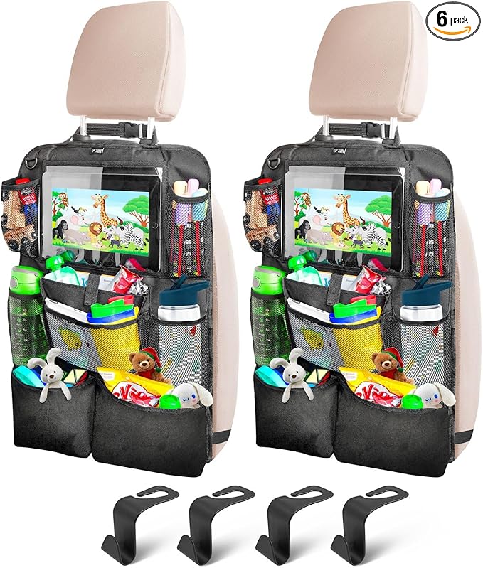 Backseat Car Organizer For Kids, 2Pcs Car Back Seat Organizer with 9 Storage Pockets and 4 FREE Headrest Hooks for Car Accessories, Easy to Clean Foldable Car seat Organizer with tablet holder