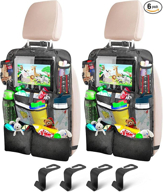 Backseat Car Organizer For Kids, 2Pcs Car Back Seat Organizer with 9 Storage Pockets and 4 FREE Headrest Hooks for Car Accessories, Easy to Clean Foldable Car seat Organizer with tablet holder
