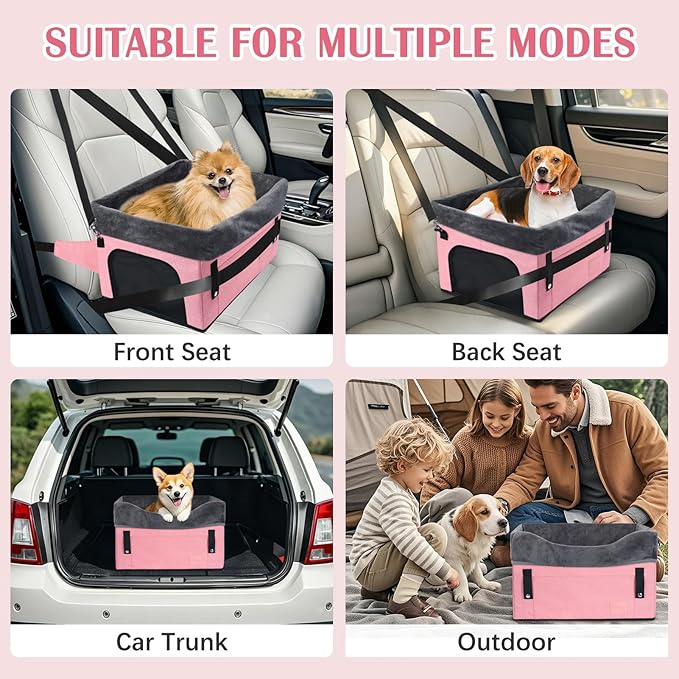 PetsHome Dog Car Seat for Small Dogs, Detachable Washable Pet Booster Seat with Storage Pocket, Breathable Mesh, Safety Leash, Adjustable Straps for Small Pets Up to 25lbs-Pink