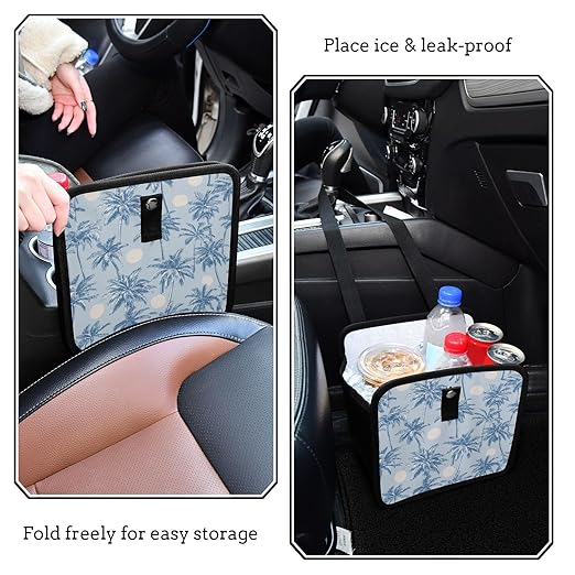 Car Trash Can Organizer Bin with Adjustable Strap for Back Front Seat Console Waterproof Leakproof Collapsible Portable 11 Inch Light Blue Palm Trees and Sun