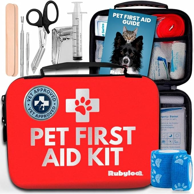Dog First Aid Kit - Vet Approved Emergency Supplies - Pet First Aid Kit Guide, Tick Remover, Slip Leash & Medical Essentials for Home, Camping, Car, RV, Travel (Essential Pack)