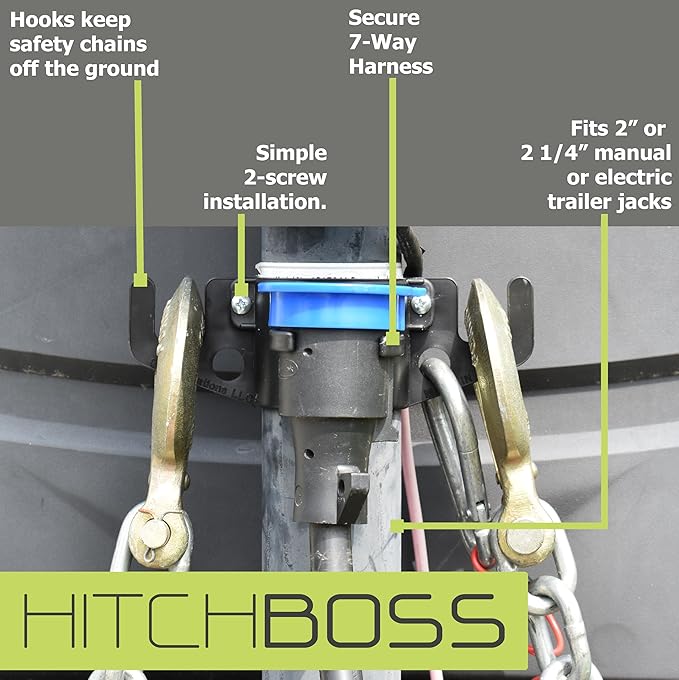 GR Innovations HitchBoss 7-Way - Towing Organizer for Manual/Electric 2” & 2 ¼” Trailer Hitch - Easy Install RV Accessories - Side Hooks, Cable & Harness Holder - Made in USA