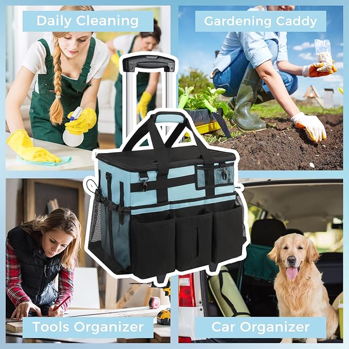 Rolling Cleaning Caddy Bag with Detachable Trolley, Large Cleaning Supplies Organizer with Wheels, Multi Pocket Cleaning Cart with Adjustable Shoulder Strap for Housekeepers & Home, SkyBlue
