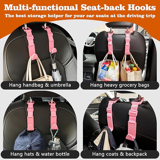 Amooca Car Headrest Hooks 4 Pack Adjustable Universal Fit Auto Seat Back Organizer Storage Hanger Purse Bags Holder with Clip Pink