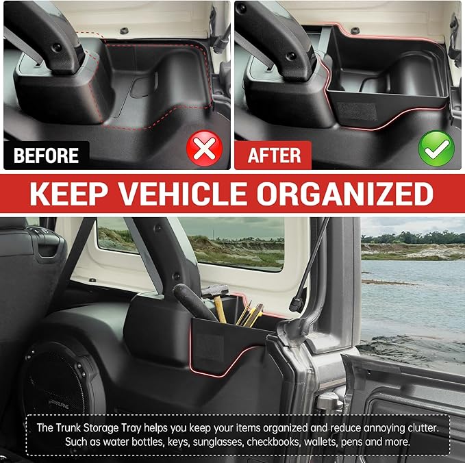 Trunk Side Storage Bin Fit for 2024 Jeep Wrangler JL JLU 4XE, Cargo Organizer Tray Wheel Well Storage Box for 2024 Wrangler JL 4 Door Accessories, 2PCS No Screws(Left+Right)