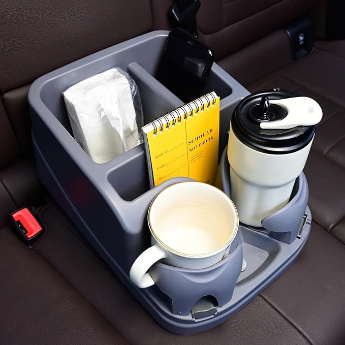 Universal Center Console Organizer for Truck Bench Seat & SUV, Truck Floor Console with Expandable Cup Holders, Fits Silverado Minivan, Stable Transmission Hump Storage Box for Car Backseat (Grey)