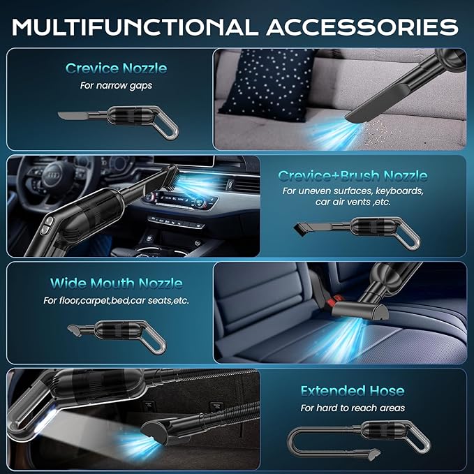 Handheld Vacuum Cordless, Portable Car Vacuum with LED Light,Rechargeable Small Vacuum Cleaner with Powerful Suction,Lightweight Vacuum Cleaner for Car Home Office Pet Hair,Black