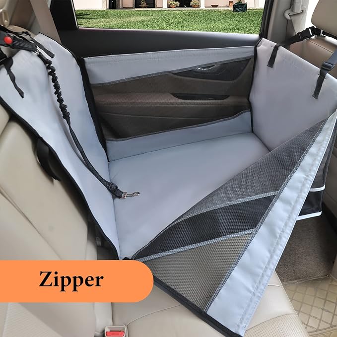 Dog Car Seat Large Medium Size Dog, Back Seat Extender for Dogs with Hard Bottom, Waterproof Fabric, Breathable Mesh Sides, Adjustable Seat Belt Leash, Carseat for Dogs with Non-Slip Bottom Grey