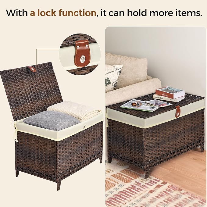 Honjourai Wicker Storage Basket with Lid,Rattan Shelf Basket with Removable Liner Bag,200L Storage Bin,Storage Trunk with Heightened Feet,Storage Container for Wardrobe,Home Organizer