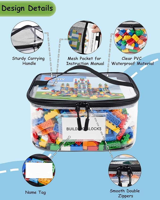 6 Pack Extra Large Clear Toy Storage Bags with Tag & Pocket – Versatile Waterproof Organizer Bags for Lego Bricks, Board Games, Building Blocks, Puzzles, Dolls, Books (Black-XL-Size-6 Pack)