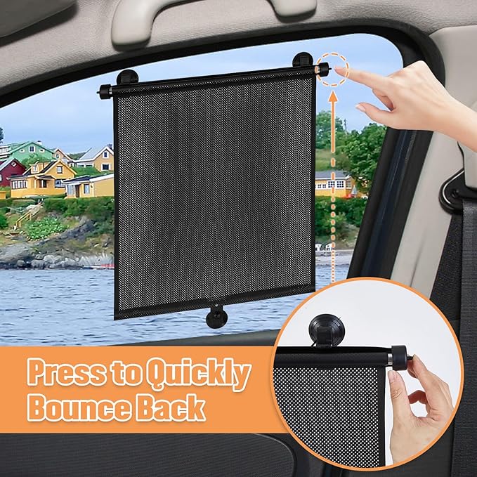 2 Pack Car Side Window Sun Shade - Retractable Car Roller Sunshadewith Reinforced Suction Cups, Drop Down UV Interior Sunshade, Stroller Window Sunshade (15" x 17")