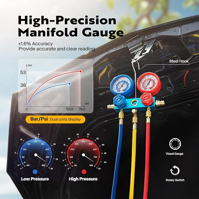 VIVOHOME 110V 1/3 HP 4CFM Single Stage Rotary Vane Air Vacuum Pump and AC Manifold Gauge Set Kit with Leak Detector for R134a R12 R22 R502 R410a HVAC Air Conditioning Refrigeration Recharging, Black