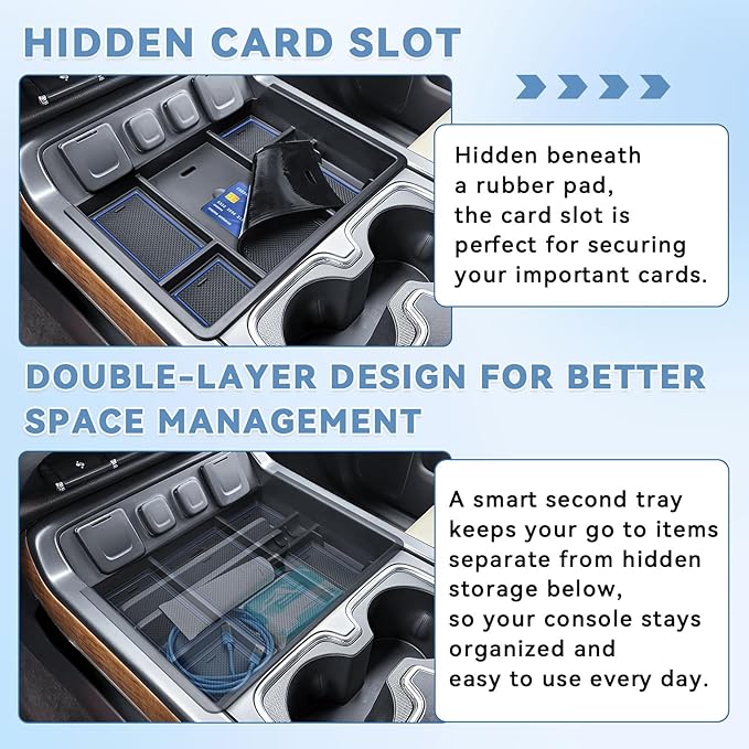 Center Console Organizer Tray Compatible with Chevy Silverado/GMC Sierra 1500/2500/3500HD 2014-2018,15-19 Silverado/Sierra 2500HD/3500HD Accessories Compartment,Full Console w/Bucket Seats ONLY,Blue