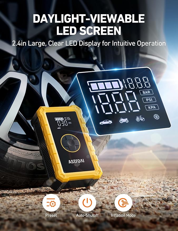 AstroAI S8 Air Jump Starter with Air Compressor,3000A Peak Car Battery Jump Starter Portable (9.0 Gas/6.5L Diesel) with 150PSI Cordless Auto-Shutoff Tire Inflator, 12V Battery Charger Booster(Yellow)