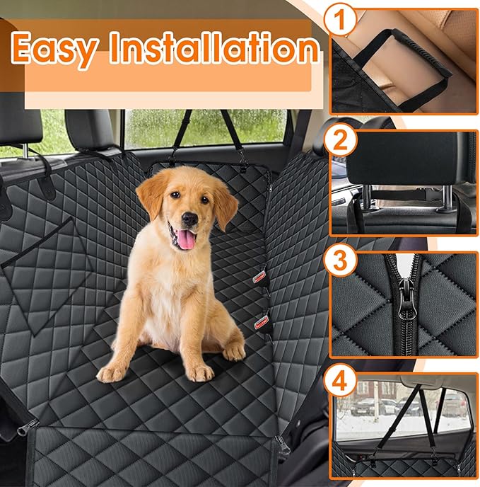 NECKORY Waterproof Dog Car Seat Cover for Back Seat - Durable, Scratch Proof Pet Hammock with Nonslip Design & Storage Pockets, Fits Cars, SUVs, Trucks- S, Black