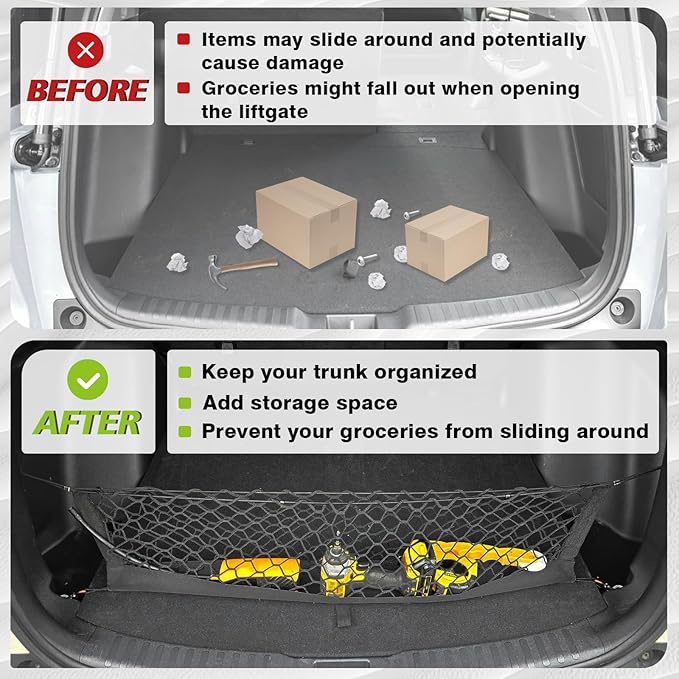 Muslogy Truck Bed Cargo Net Trunk Netting Compatible with Rivian R1T 2026 2025 2024 2023 2022 Accessories, Pickup Cargo Organizer SUV Sedan Storage Net w/Heavy Duty Carabiners