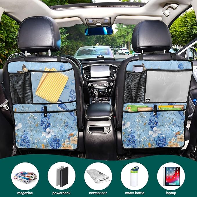 Light Blue Floral Bluebonnet Butterflies 2 Pack Backseat Car Organizer with Storage Pockets Seat Back Organizers for Kids Kick Mats Backseat Protector Automotive