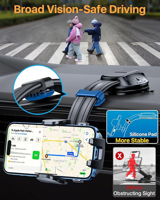HTU Upgraded Strongest Suction Car Phone Holder Bendable Arm, Never Block View Rotatable Cellphone Mount for Dashboard Windshield Vent, Cradle Stand for iPhone 17 16 15 14 13 12 Pro Max (Dark Pink)
