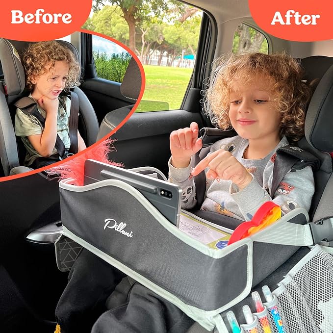 PILLANI Kids Travel Tray for Car - Car Seat Tray with Activity Sheets & Pens, Road Trip Essentials for Car & Airplane, Must Have Toddler Travel Lap Desk Accessories - Road Trip Activities for Kids