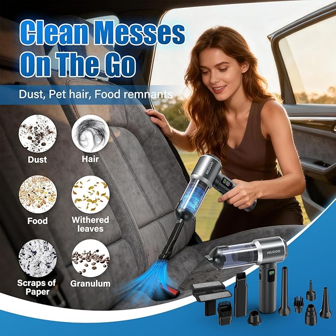 WUDOO 4-in-1 Car Vacuum Cleaner Portable Cordless Dust Remover 20,000 Pa Brushless Motor Powerful Handheld Wireless Charging Vacuum Cleaner LED Light, Multi-Nozzles for Car, Home, Office, Pet