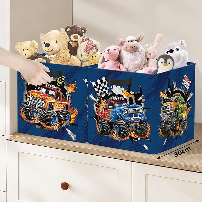 Clastyle 3 pcs Cars Cube Storage Unit Bin with Metal Frame Foldable Kallax Box for Shelves Parents Closet Organizer Basket for Book Clothes Toy Organizer, Off-road Vehicle, 11.8x11.8x11.8 in