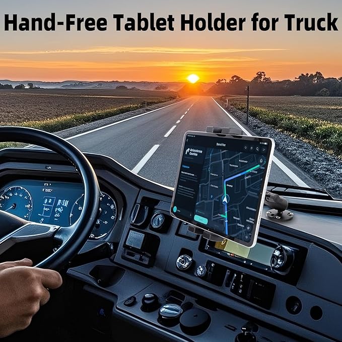 Dashboard Mount Tablet Holder for Truck, Heavy Duty Drill Base with Aluminum Arm Tablet Mount for Car, Wall, Boat, Desk, Compatible with iPad Pro Air Mini, 4.7-12.9″ Tablets and Phones (PTM-27)