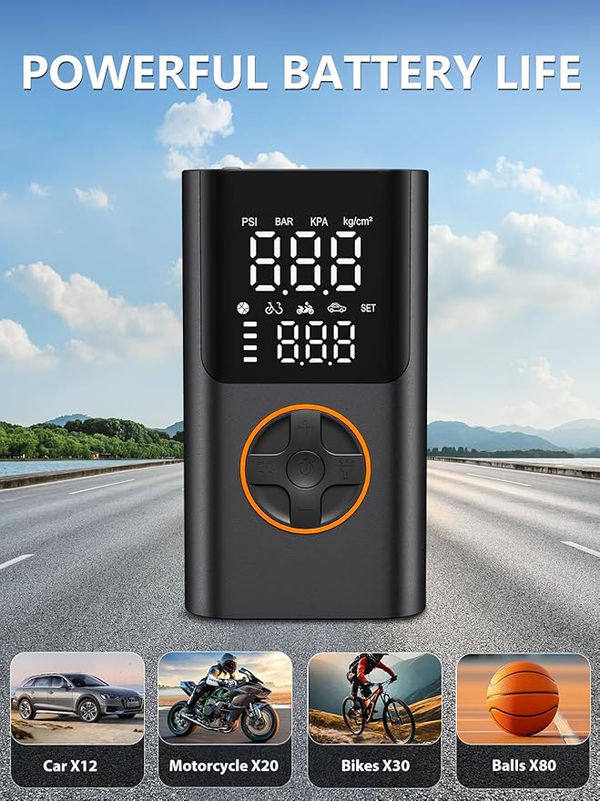 AIRSURE Tire Inflator Portable Air Compressor, Bike Pump with Gauge and USB Charging Output, 150PSI Fast Inflation Portable Tire Inflator for Car Bicycles Motorcycles Scooter Balls