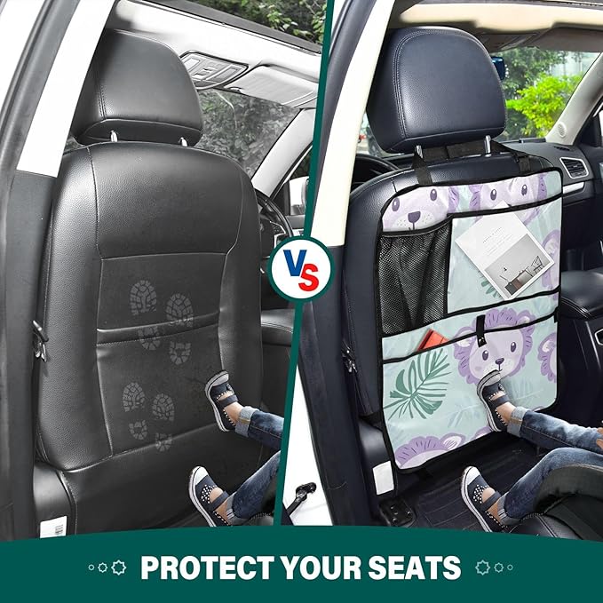 Cute Green Lion and Palm Leaves 2 Pack Backseat Car Organizer with Storage Pockets Seat Back Organizers for Kids Kick Mats Backseat Protector Automotive