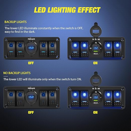 Nilight 4 Gang Rocker Switch Panel with Voltmeter Waterproof 12V DC PD Type C and QC 3.0 USB Charger Night Glow Stickers for Cars Trucks Boats RV