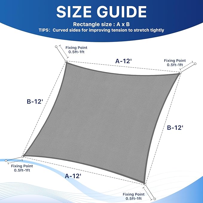 RoomHacks 12'x12' Sun Shade Sail, UV Protection Outdoor Shade, Curved Tear Resistant Heavy Duty Sun Shade for Patio Garden, Backyard, Deck, Car Port, Playground, (Grey)