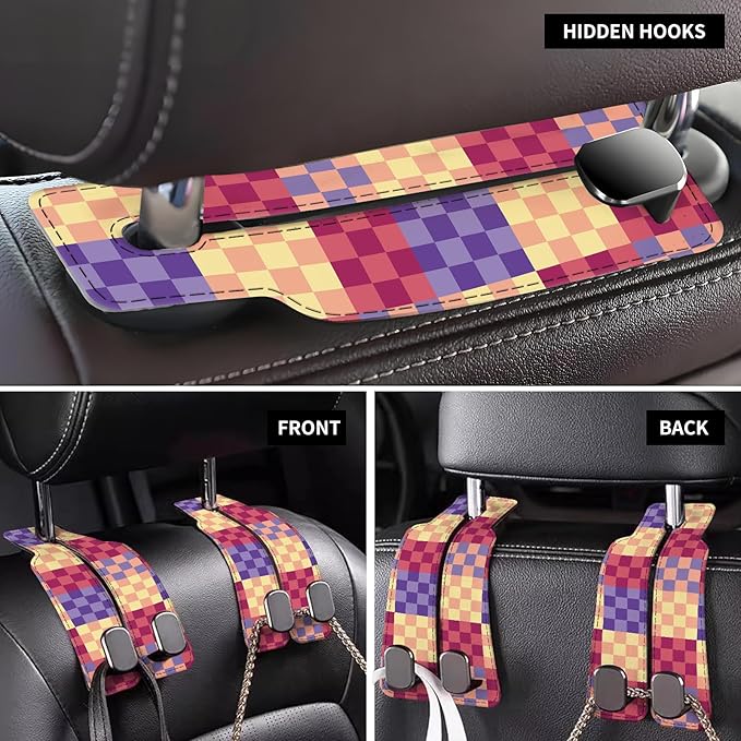 Car Seat Back Storage Headrest Hook, Premium Leather Double Metal Hook, Hanger Storage Organizer for Purse Cloth Bag, Car Interior Accessories Cute Colorful Plaid