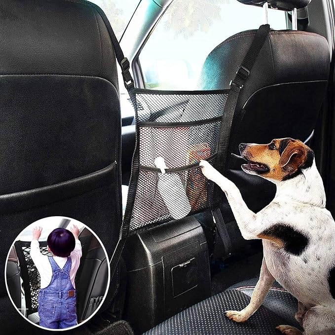 Dog Car Net Barrier Universal Pet Barrier Backseat Storage Mesh Bag 3 Layers with Auto Safety Mesh Organizer Netting Pouch Seat Back Net Bag Holder Dog Car Divider for Trucks SUV Van Easy to Install