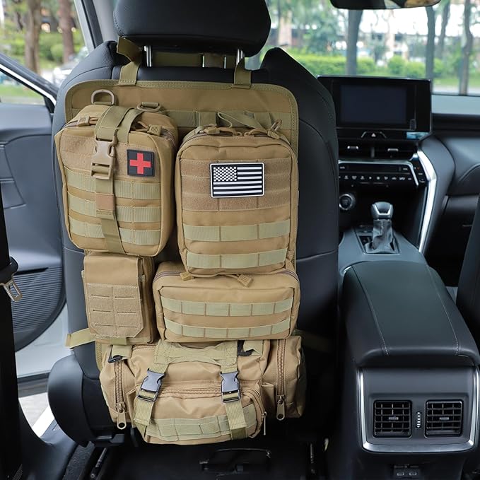 Jimikay Tactical Car Seat Back Organizer Hanger Bag with 5 Detachable Molle Pouch Vehicle Molle Panel Organizer Storage Bag Universal for for most car models (Khaki)