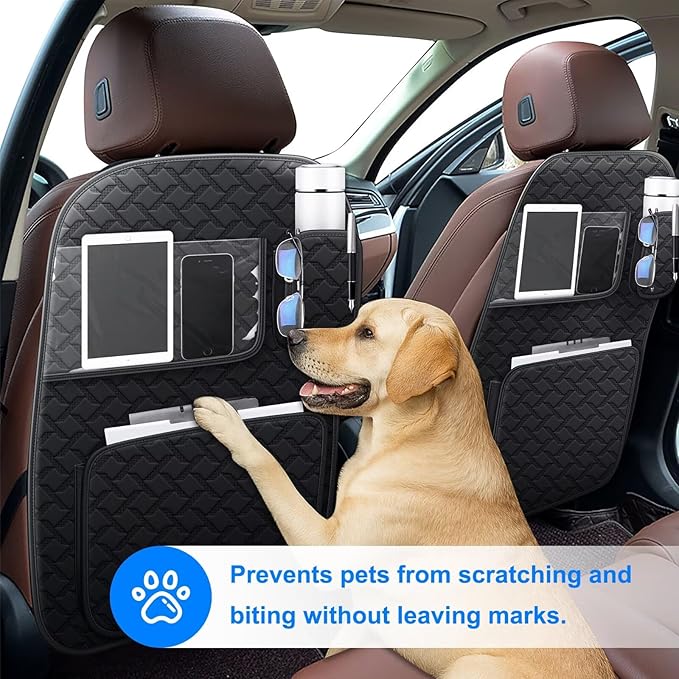 Back Seat Protector 2 Pack Fit For Kia Rondo Car Kick Mats with Touch Screen Tablet Holder Storage Organizer Waterproof Dirt Proof Faux Leather Auto Accessories for Kids (1 Pair Black)
