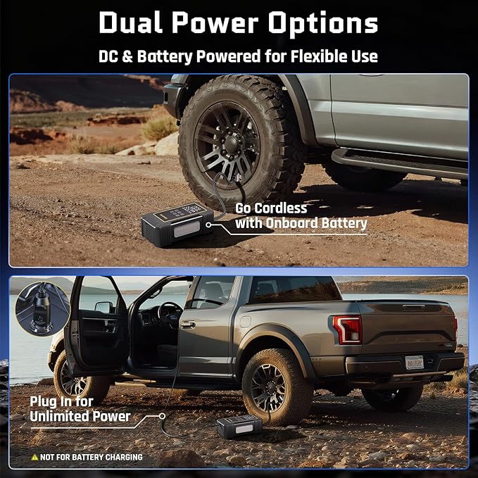 OlarHike Powerful 12000mAh Heavy Duty Tire Inflator Portable Air Compressor, 150PSI Dual Power 12V&Cordless Air Pump for Car Tires, Pickup Trucks, Jeeps, SUVs & RVs. Digital Pressure Gauge & LED Light