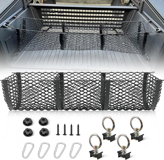 RED WOLF 3 Pocket Cargo Mesh Net for 2024-2025 Tesla Cybertruck Trunk Organizer Netting Rear Bucket Storage Net with L-Track Round Ring D-Carabiner Mounting Hook