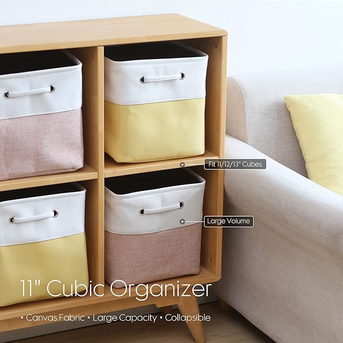 Sea Team 3-Pack Cubic Storage Basket Set, Storage Cube Organizer, Clothes Toys Bin, 11 x 11 x 11 Inches, Big Square Canvas Fabric Collapsible Shelf Box with Handles for Kids Room (Pale Blush/White)