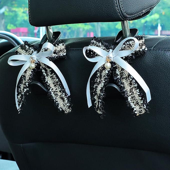 Amooca Car Seat Headrest Hook Cute Bowknot Vehicle Hanger Car Storage Organizer for Handbag Purse Coat Grocery Bag Black Grey