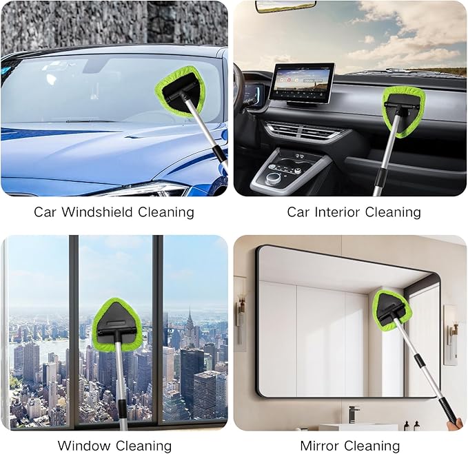 Qydipclin 10pcs Windshield Cleaning Tool Inside Car Window Cleaner Wash Kit with 4 Reusable Microfiber Pads 1 Spray Bottle and Extendable Handle Interior Auto Glass Wiper Kit, Blue&Green