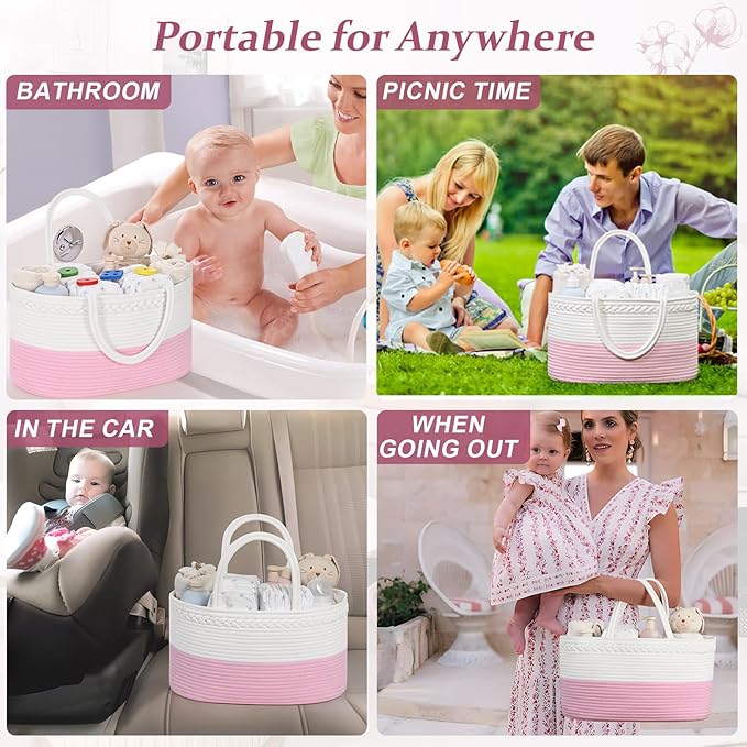 19L Baby Diaper Caddy Organizer, 16.8"x9.8"x9" Cotton Rope Diaper Basket, Changing Table Storage Caddy With Removable Divider, Baby Basket for Nursery, Car, Diapers, Baby Shower Gifts for Newborn