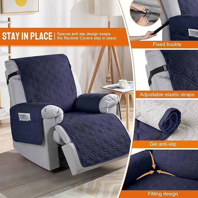 VANSOFY 100% Waterproof Recliner Chair Covers, Recliner Cover Non-Slip Dog Chair Cover Furniture Protector Washable Slipcover with Pocket, Elastic Straps for Pets, Dogs(Dark Blue, 22")