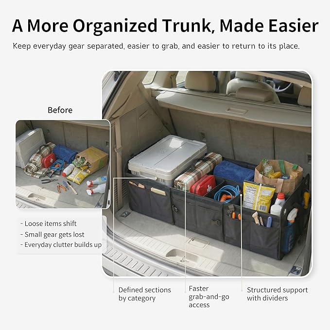 1680D Trunk Organizer with Lid, Extra-Large 114L Collapsible Cargo Organizer for SUVs, Trucks & Large Cargo Areas, Rigid PP Panels, 800D x 800D Weave, Water-Repellent, Anti-Sag Design