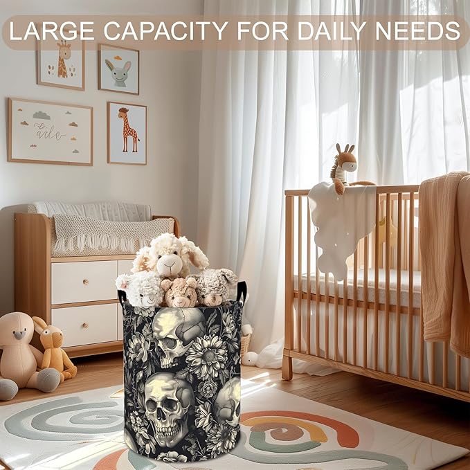 Skull Floral Laundry Basket Hamper 19.7"x15.8", Gothic Foldable Waterproof Oxford Clothes Storage Bucket for Room Bathroom Bedroom Nursery Decor, Toy Organizer Bins Gifts for Kids Boys Girls